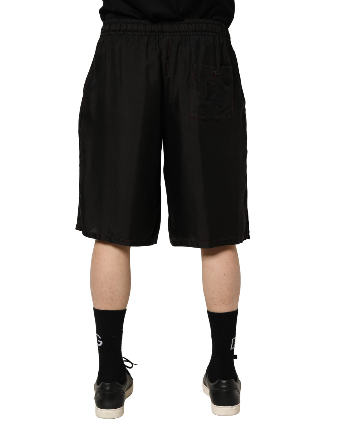 Short Bermuda Dolce & Gabbana en soie noire avec cordon de serrage pour homme