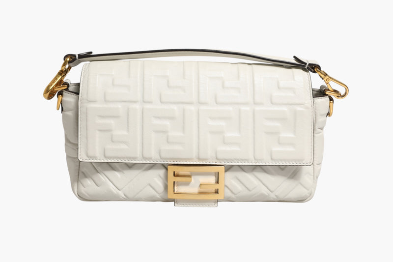 Fendi FF Embossed Baguette Nappa Leather Bag - White