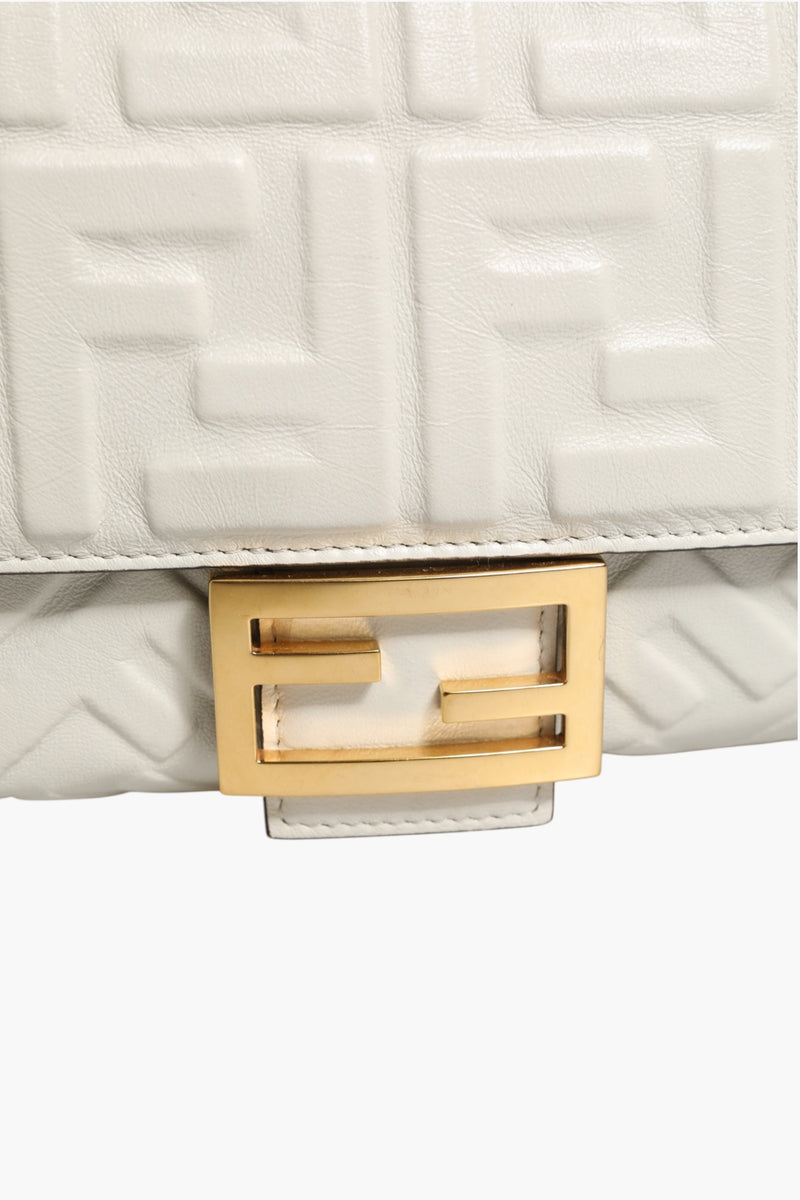 Fendi FF Embossed Baguette Nappa Leather Bag - White