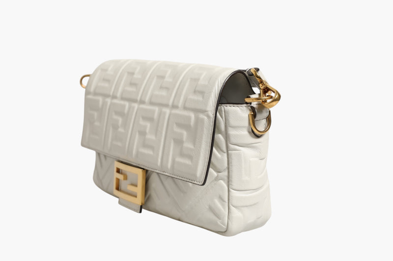 Fendi FF Embossed Baguette Nappa Leather Bag - White