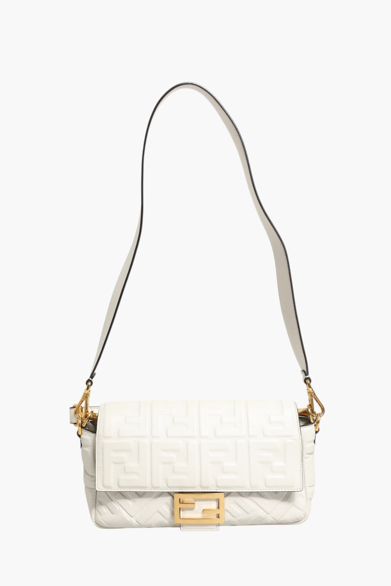 Fendi FF Embossed Baguette Nappa Leather Bag - White