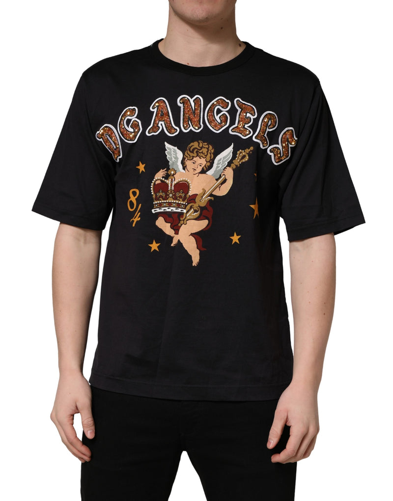 Dolce & Gabbana Zwart katoenen T-shirt met ronde hals en engelprint