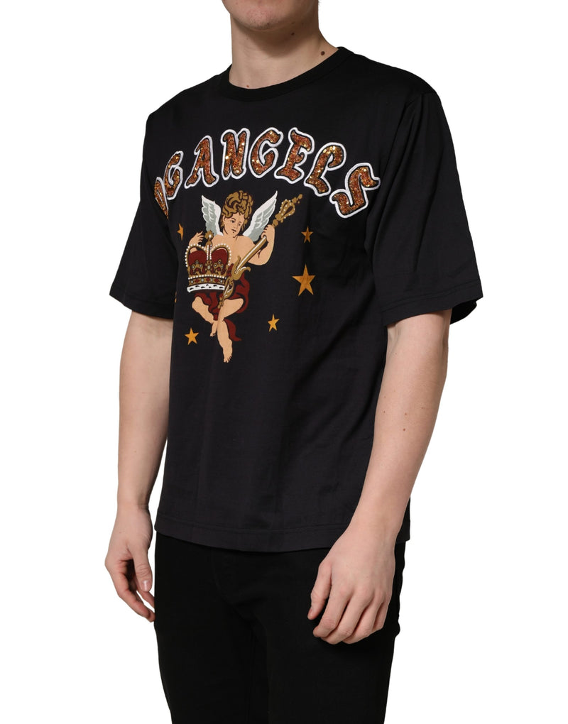 Dolce & Gabbana Zwart katoenen T-shirt met ronde hals en engelprint