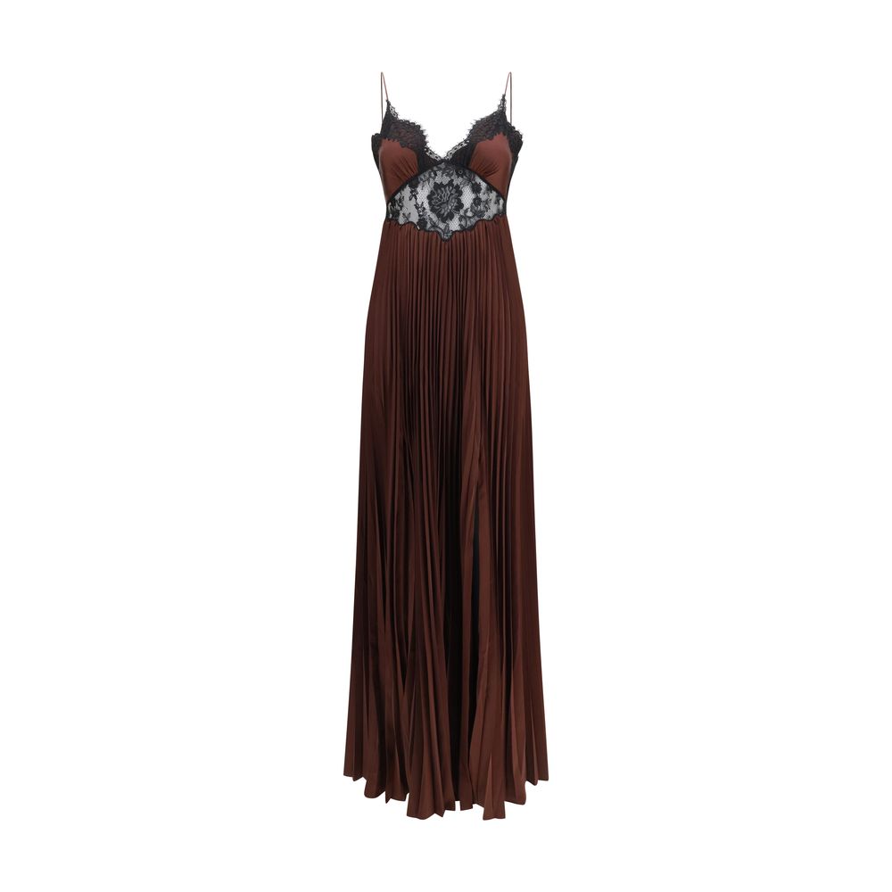 Self-Portrait Brown Satin Long Dress with Lace Inserts