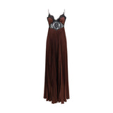 Self-Portrait Brown Satin Long Dress with Lace Inserts