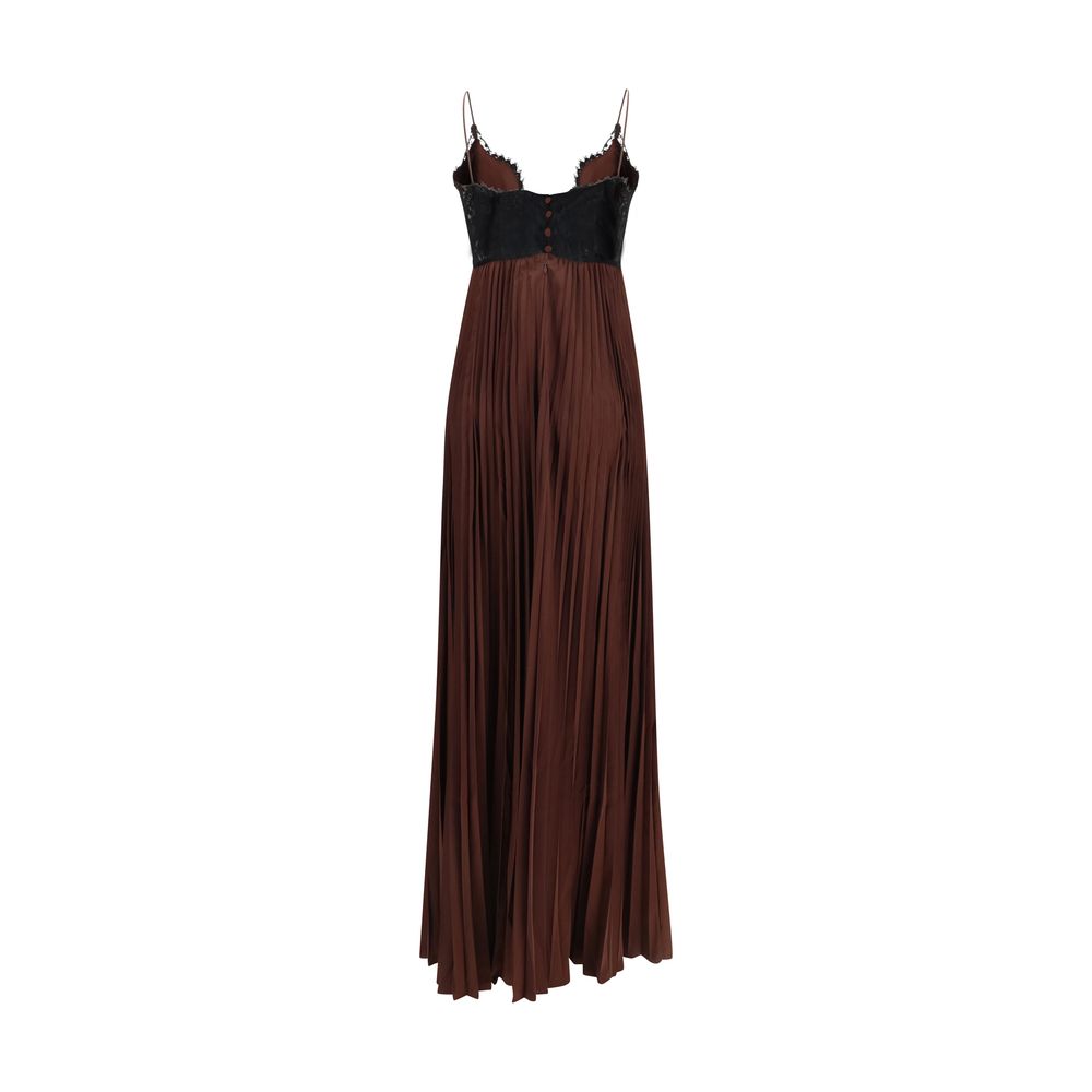 Self-Portrait Brown Satin Long Dress with Lace Inserts