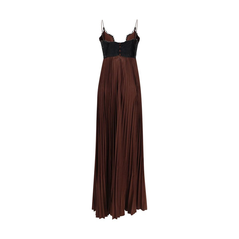 Self-Portrait Brown Satin Long Dress with Lace Inserts