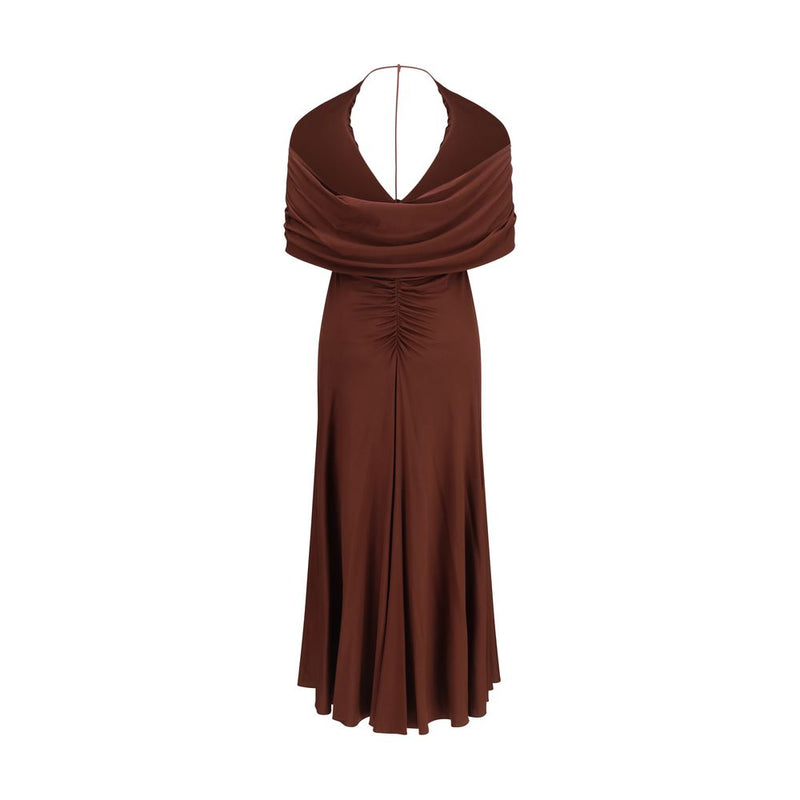Self-Portrait Brown Viscose Midi Dress with Halter Neck