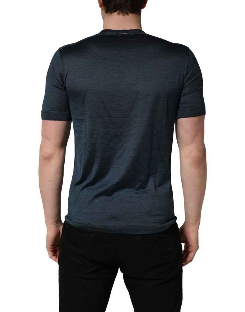 Dolce &amp; Gabbana T-shirt van donkerblauwe zijde met ronde hals en korte mouwen