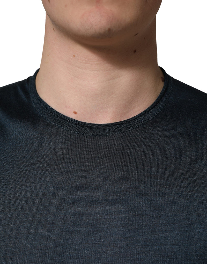 Dolce &amp; Gabbana T-shirt van donkerblauwe zijde met ronde hals en korte mouwen