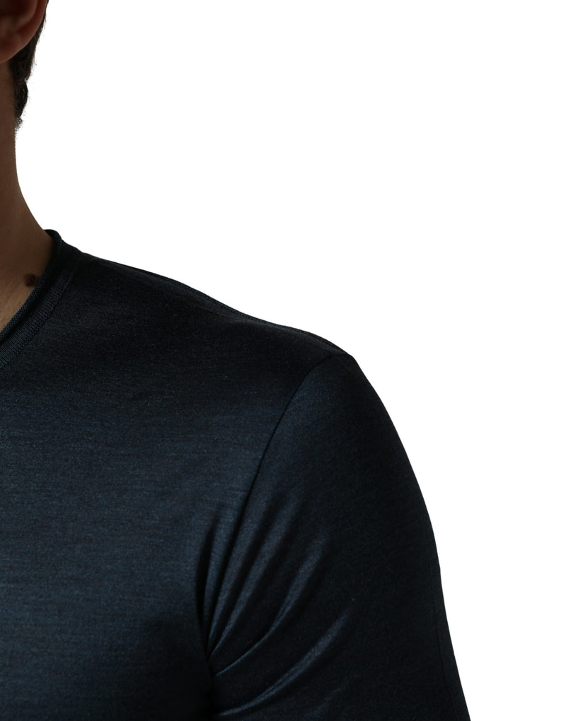 Dolce &amp; Gabbana T-shirt van donkerblauwe zijde met ronde hals en korte mouwen