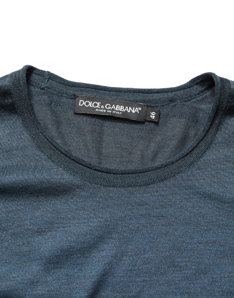 Dolce &amp; Gabbana T-shirt van donkerblauwe zijde met ronde hals en korte mouwen