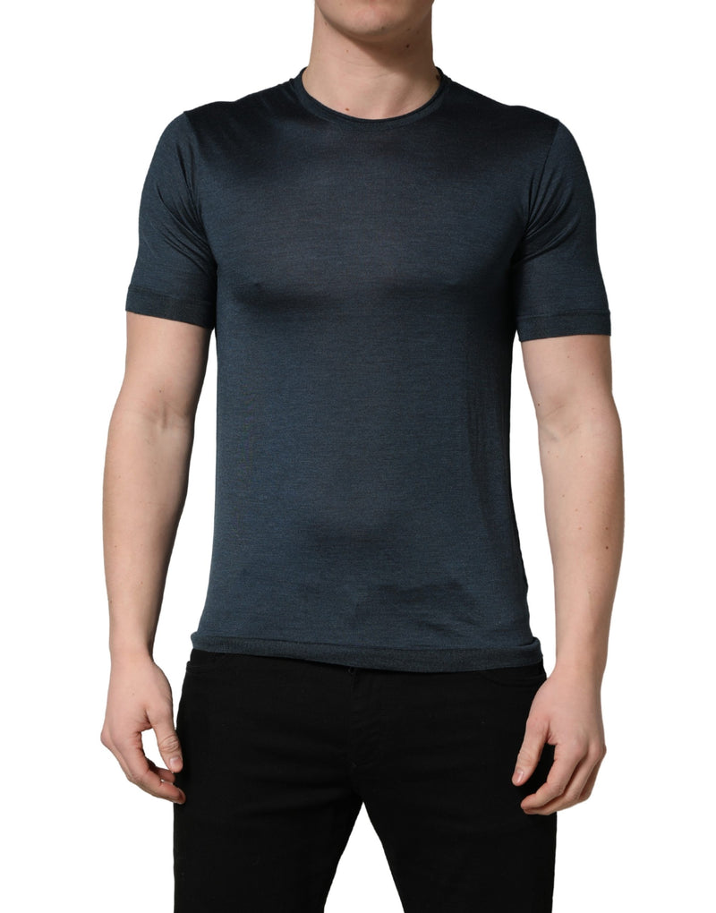 Dolce &amp; Gabbana T-shirt van donkerblauwe zijde met ronde hals en korte mouwen