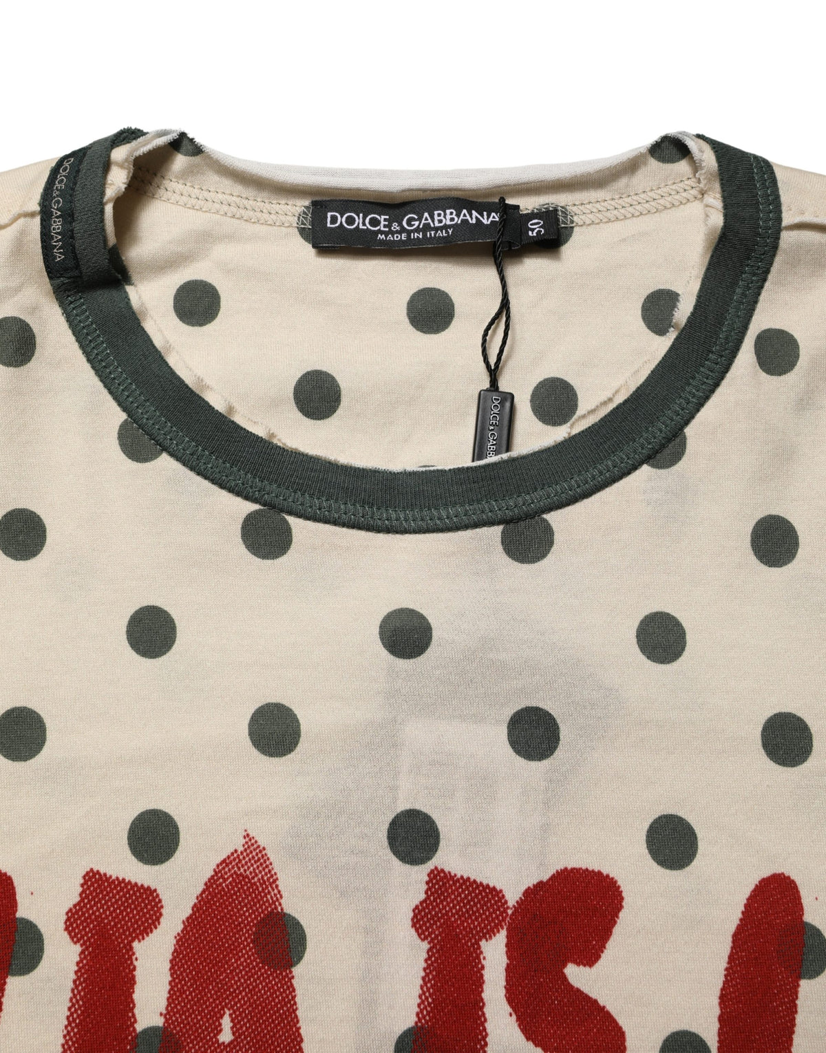 T-shirt en Coton Beige à Pois avec Motif Graphique Dolce & Gabbana
