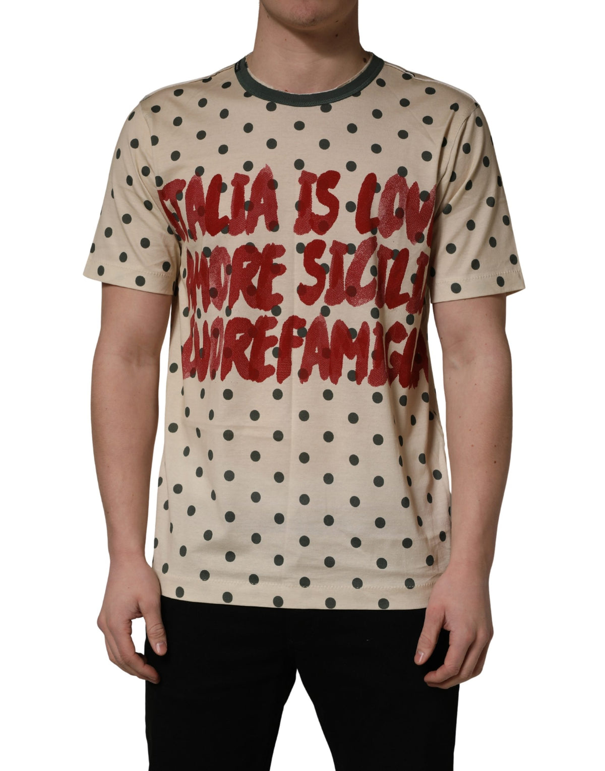 T-shirt en Coton Beige à Pois avec Motif Graphique Dolce & Gabbana