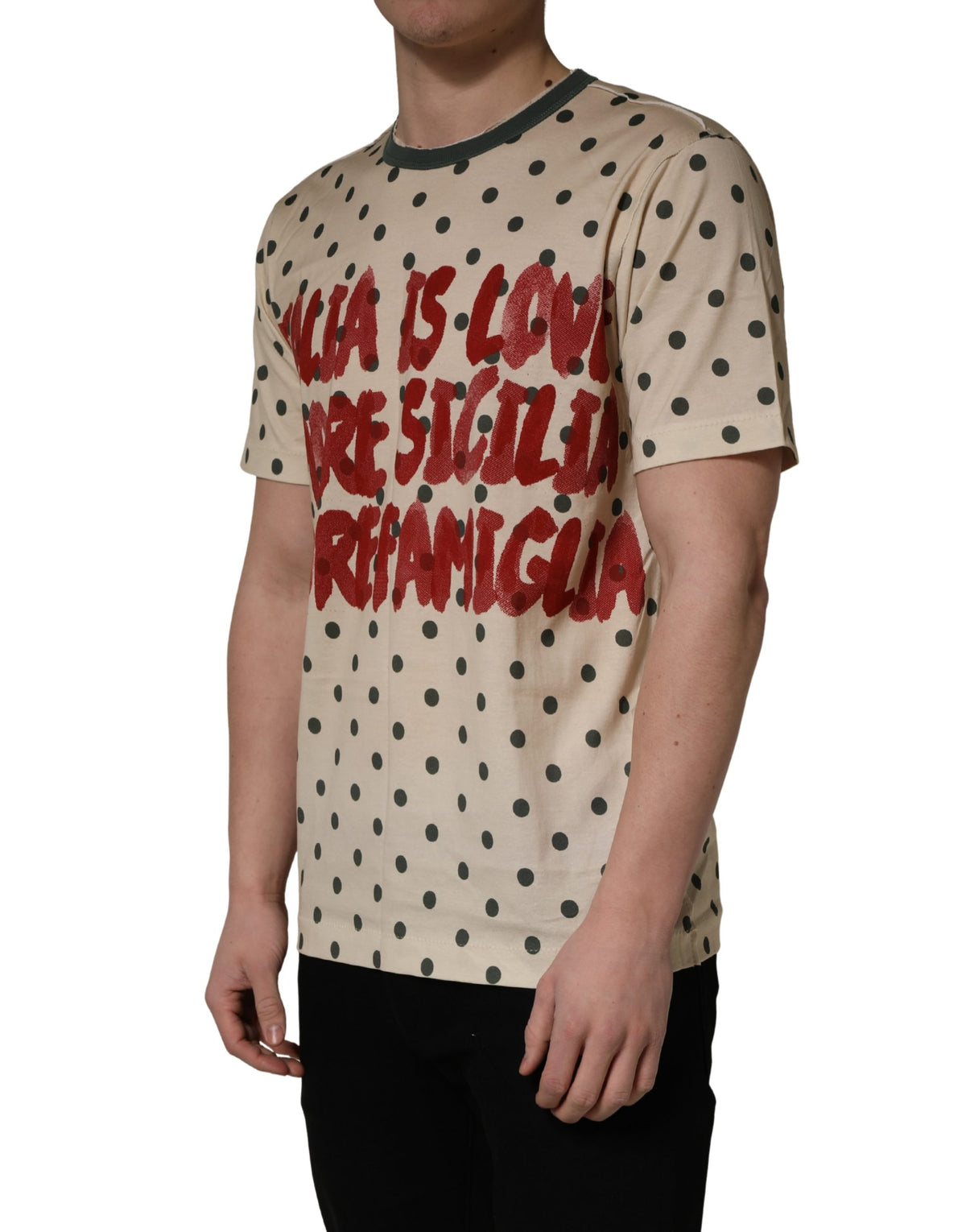 T-shirt en Coton Beige à Pois avec Motif Graphique Dolce & Gabbana