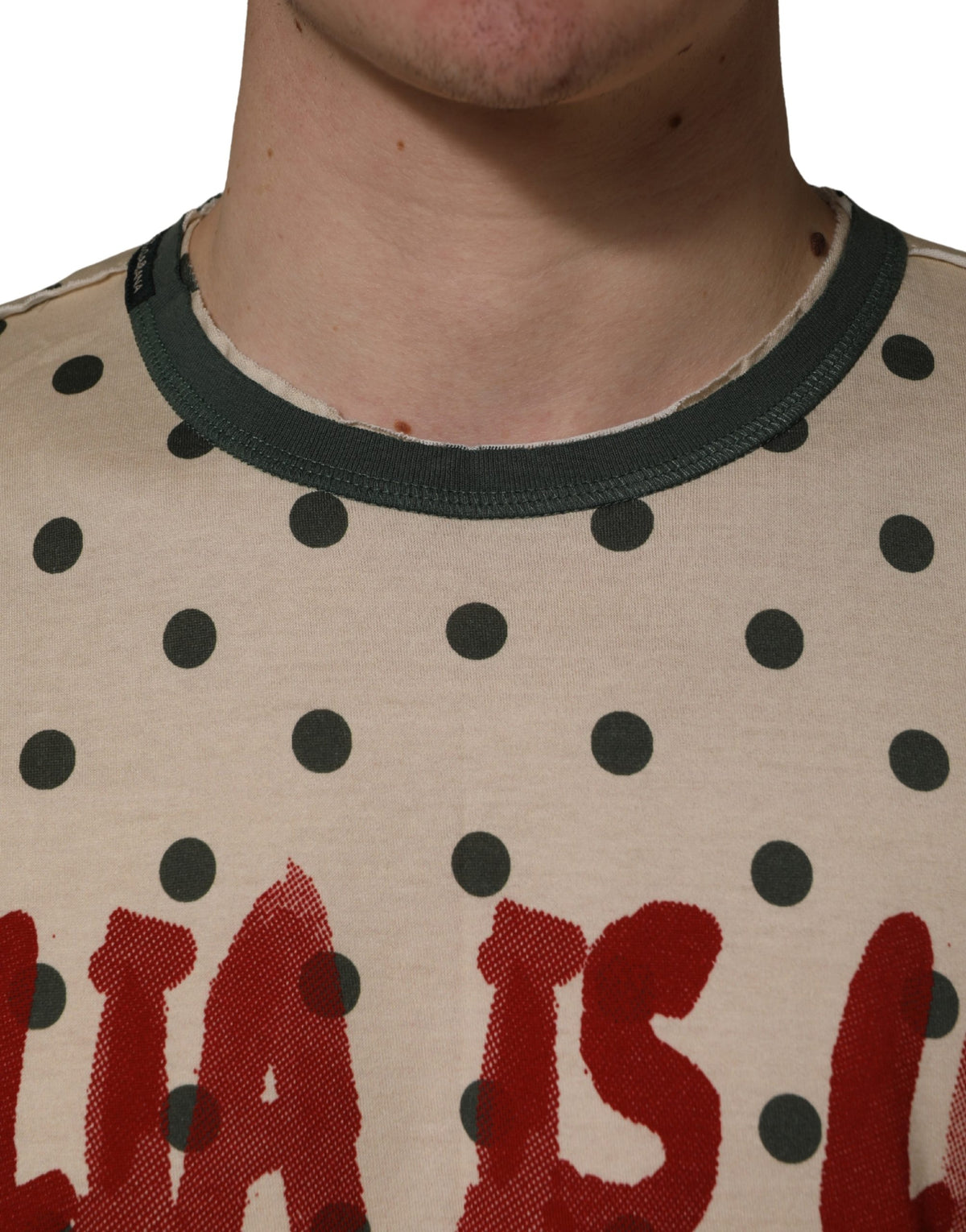 T-shirt en Coton Beige à Pois avec Motif Graphique Dolce & Gabbana