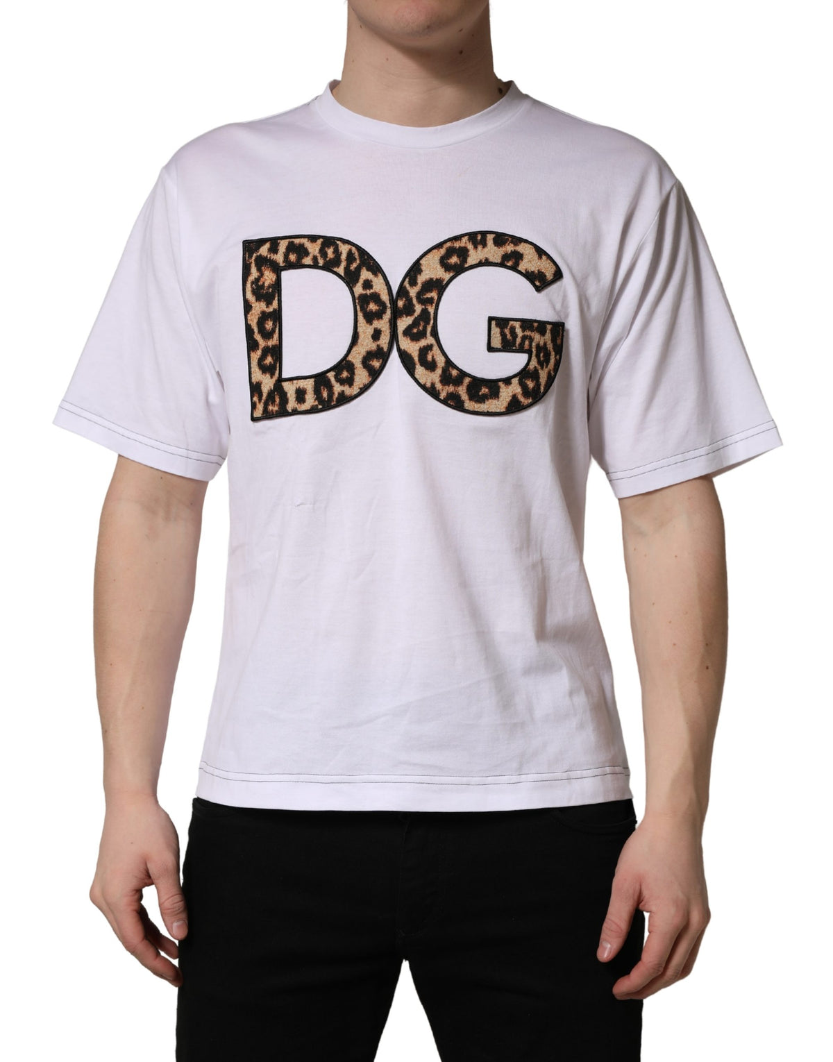 T-shirt en coton pour homme Dolce & Gabbana blanc imprimé léopard avec logo DG
