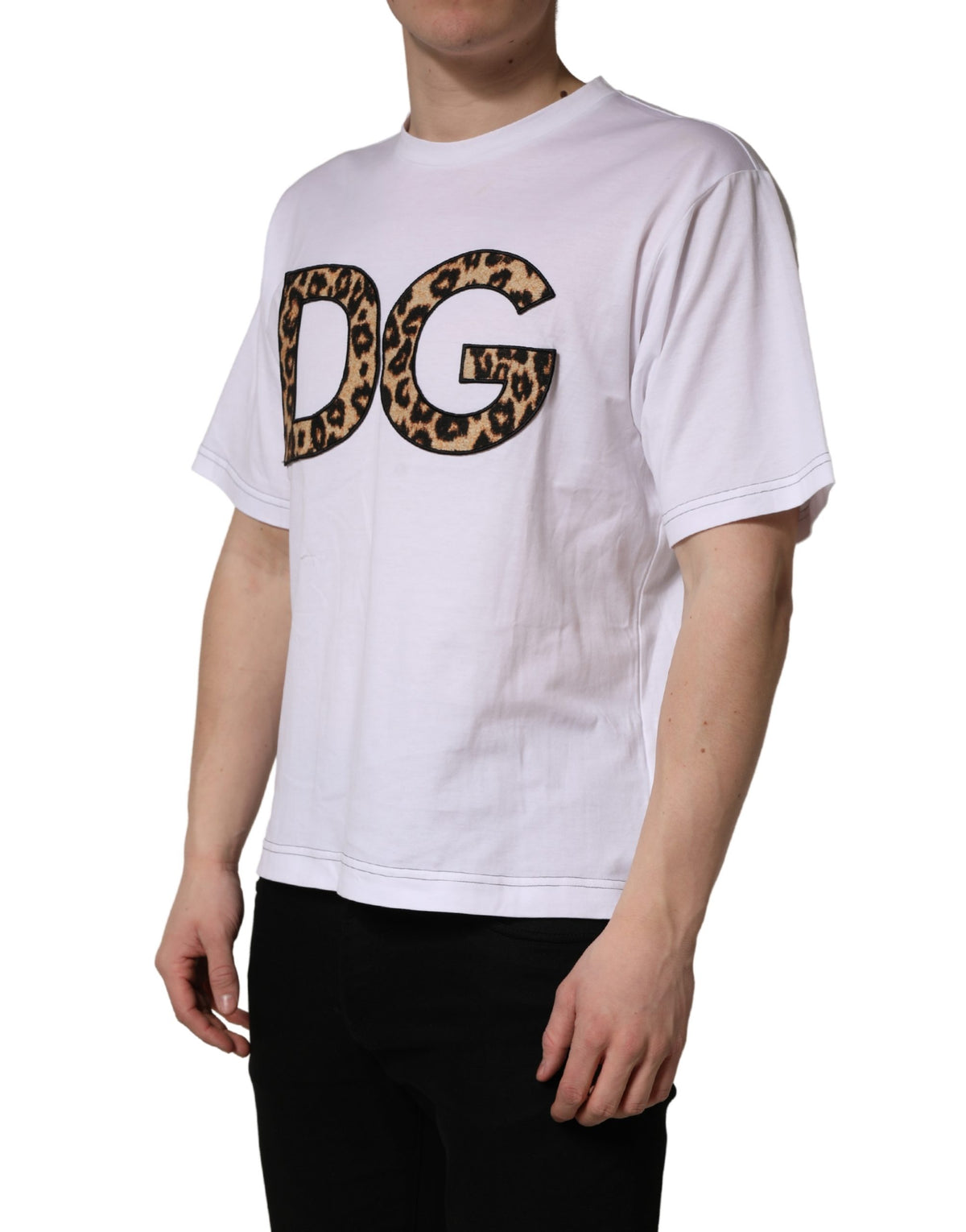 T-shirt en coton pour homme Dolce & Gabbana blanc imprimé léopard avec logo DG