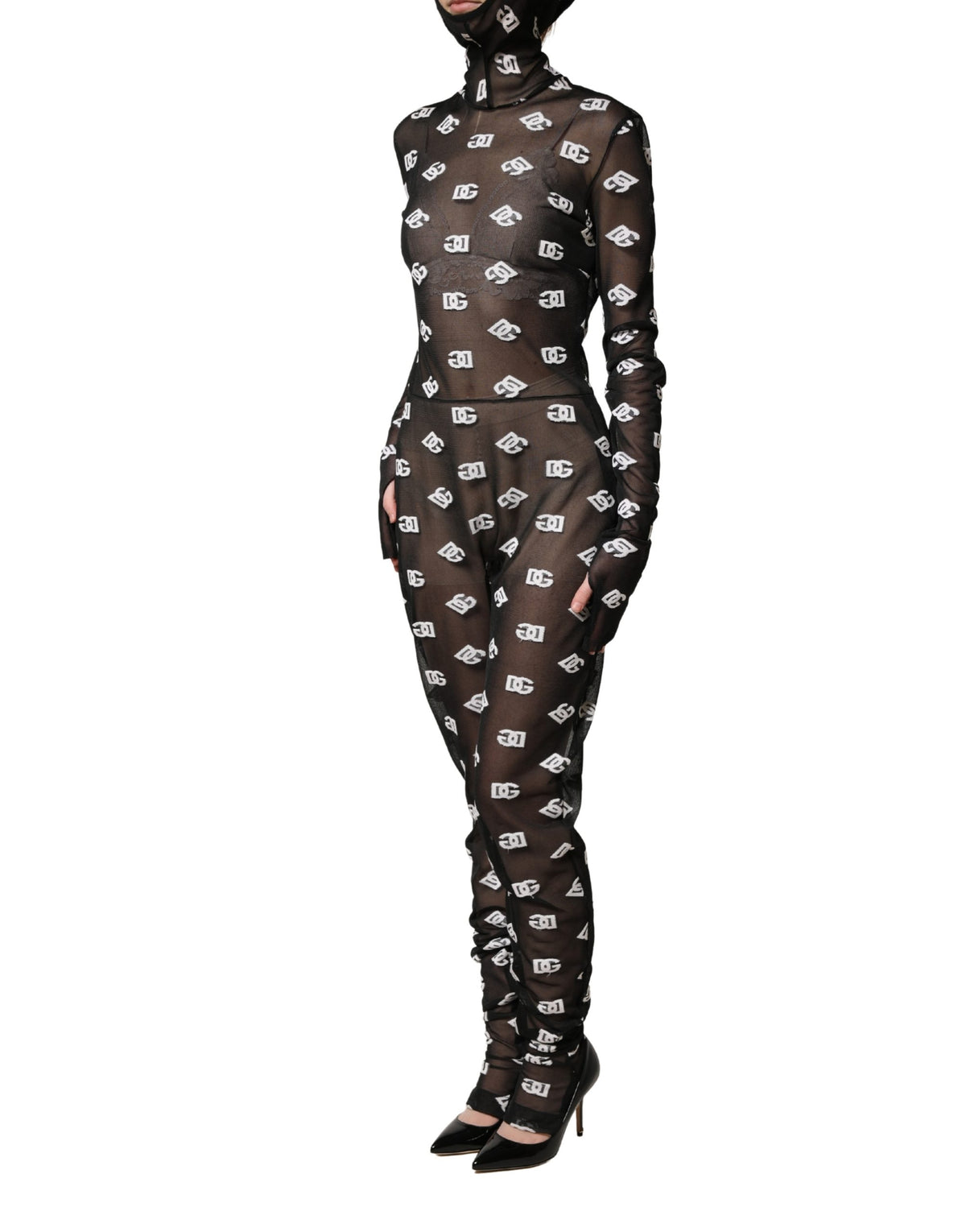 Dolce & Gabbana Black White Logo Print Hooded Jumpsuit Dress