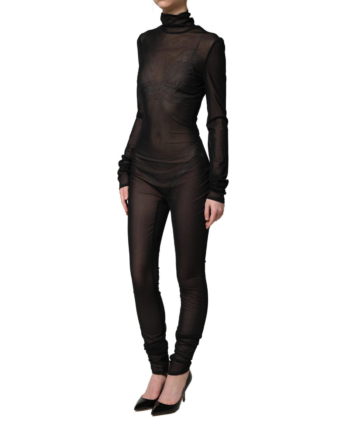 Dolce & Gabbana Black Nylon Sheer Turtleneck Jumpsuit Dress
