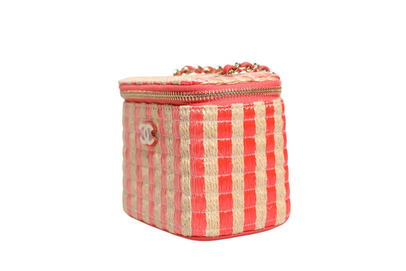 Chanel Raffia Jute Striped Mini Vanity Case - Beige & Orange