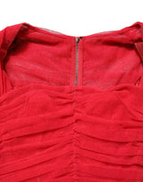 Dolce & Gabbana Red Cotton Ruched Stretch Tulle Midi Dress