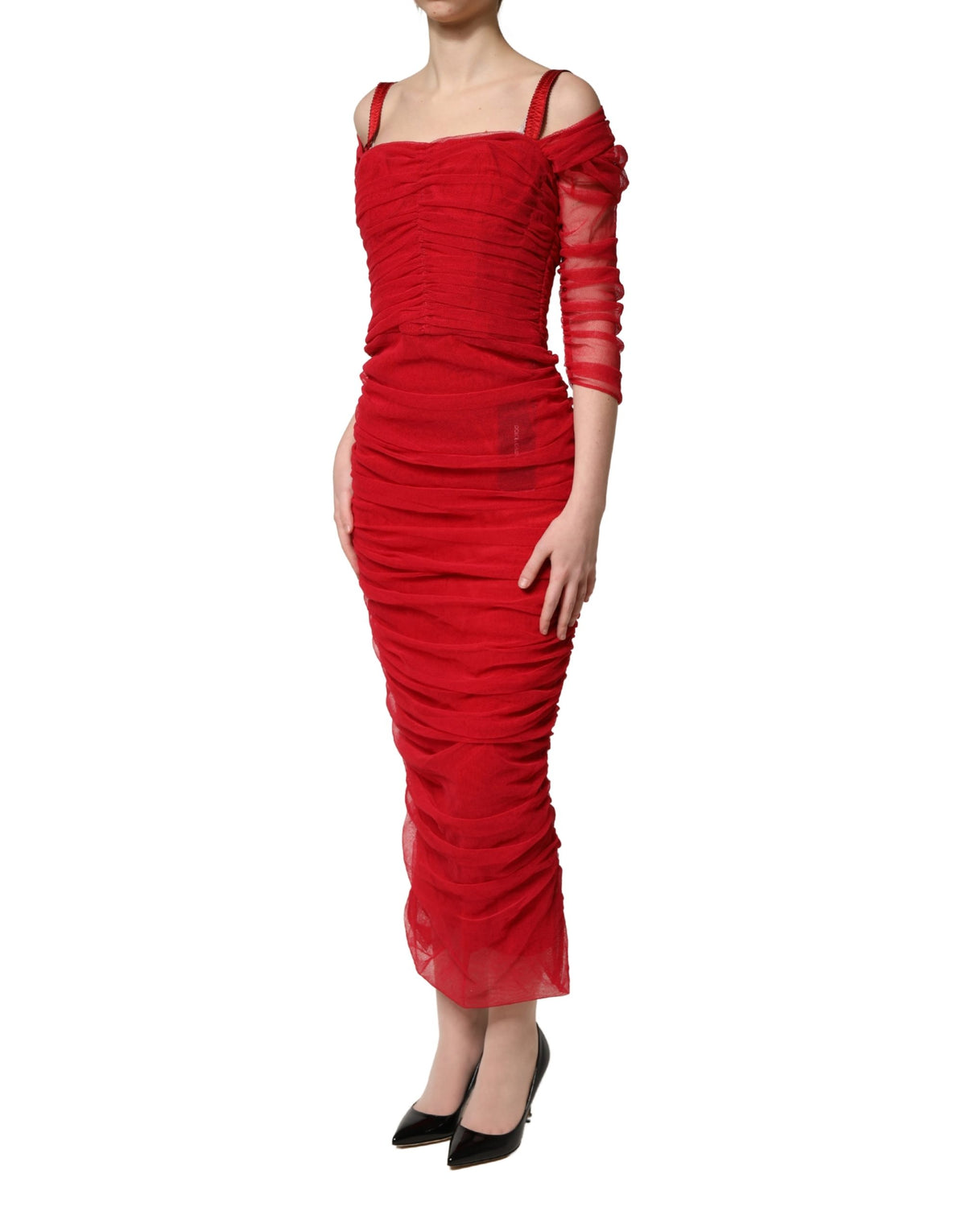 Dolce & Gabbana Red Cotton Ruched Stretch Tulle Midi Dress