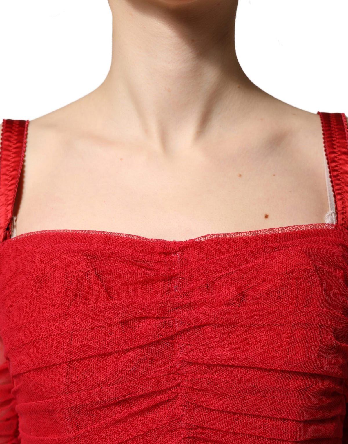 Dolce & Gabbana Red Cotton Ruched Stretch Tulle Midi Dress