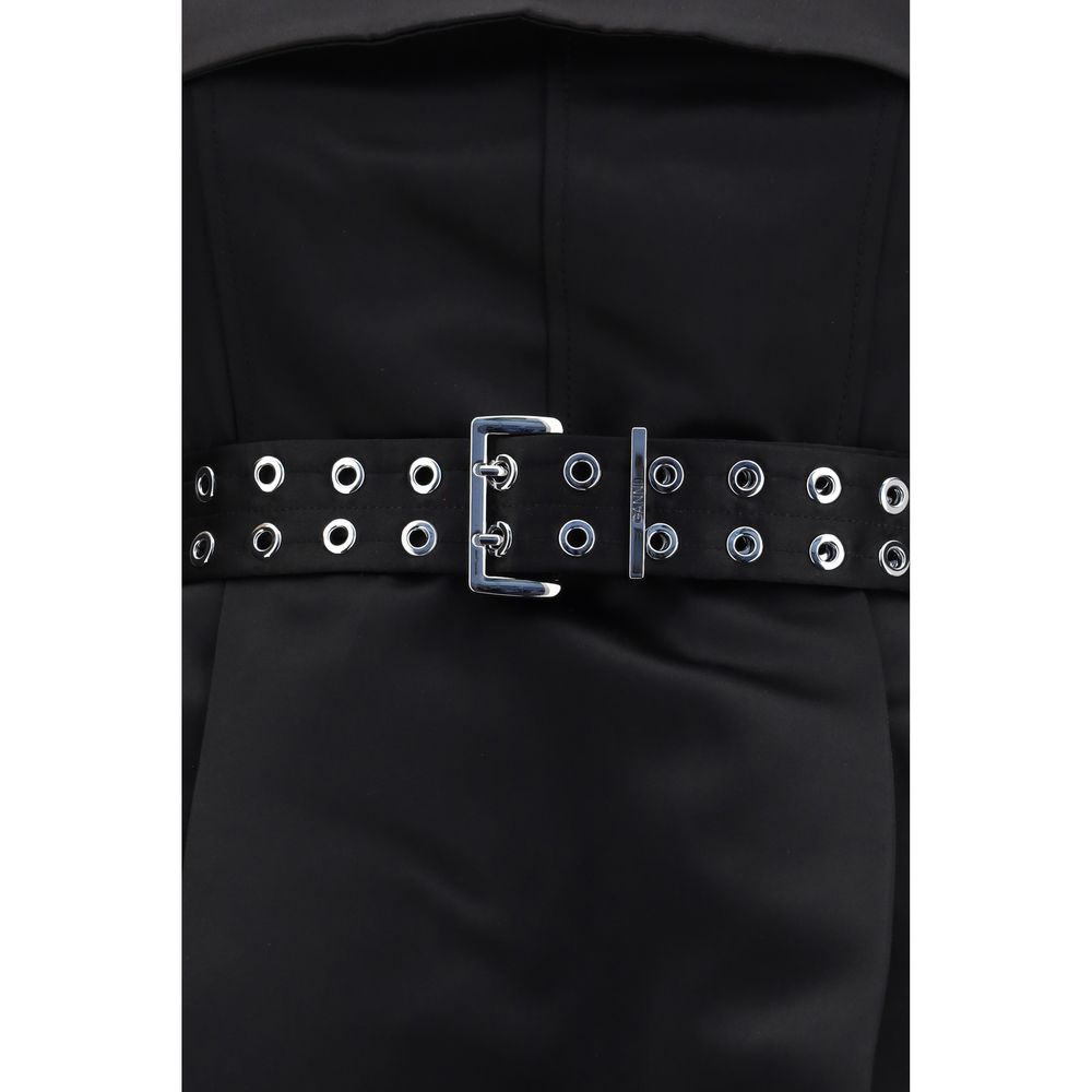 Ganni Black Satin Casual Dress with Full Skirt