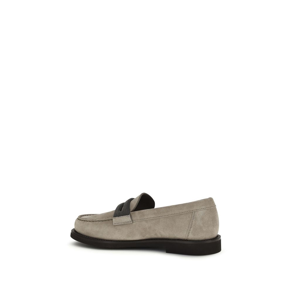 Brunello Cucinelli Gray Calf Leather Bos Taurus Slip-On Loafers