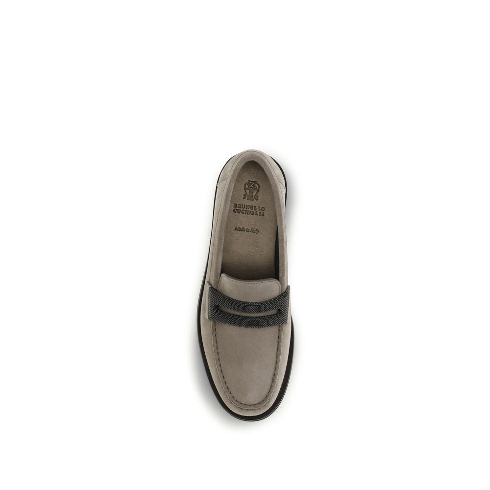 Brunello Cucinelli Gray Calf Leather Bos Taurus Slip-On Loafers