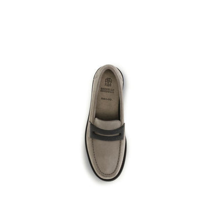 Brunello Cucinelli Gray Calf Leather Bos Taurus Slip-On Loafers