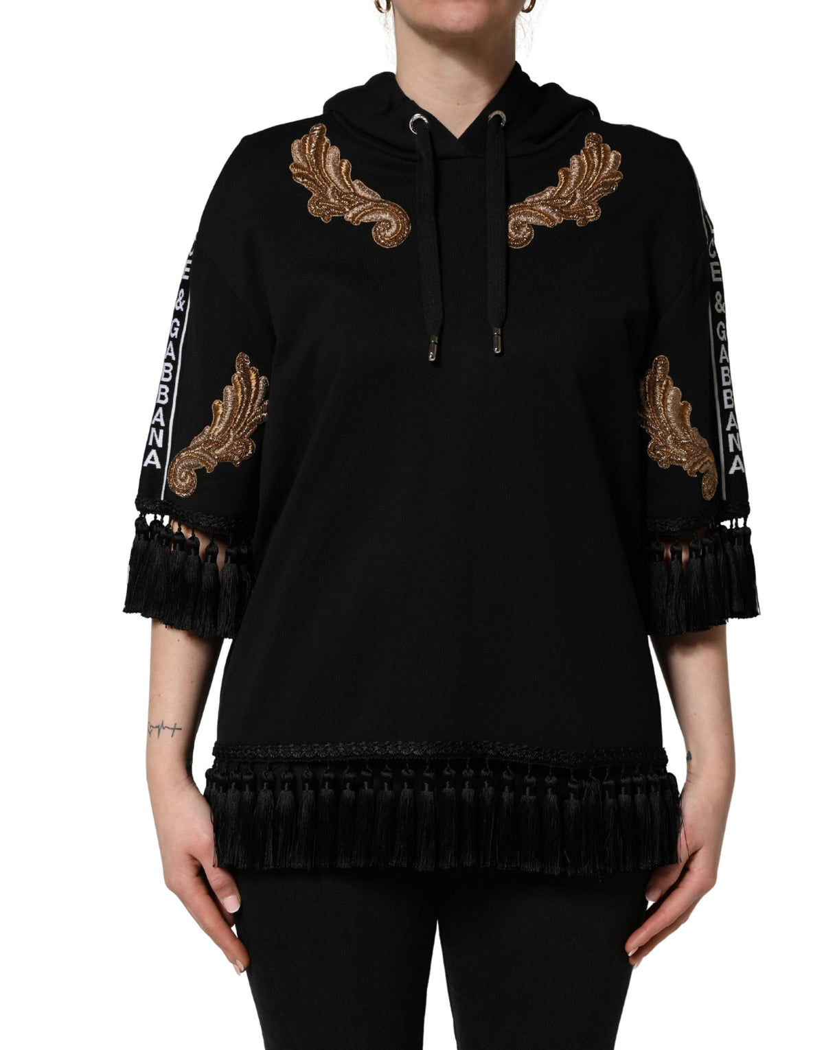 Dolce & Gabbana Black Embroidered Tassel Hooded Sweatshirt