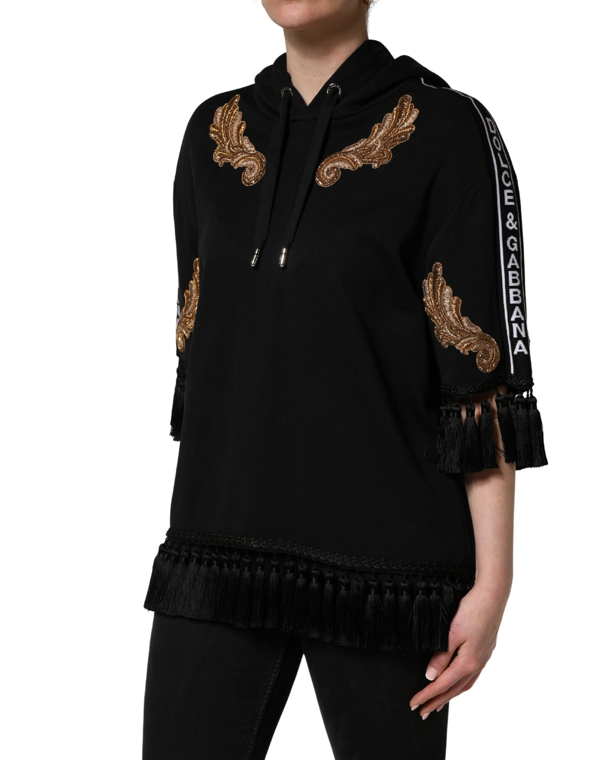 Dolce & Gabbana Black Embroidered Tassel Hooded Sweatshirt