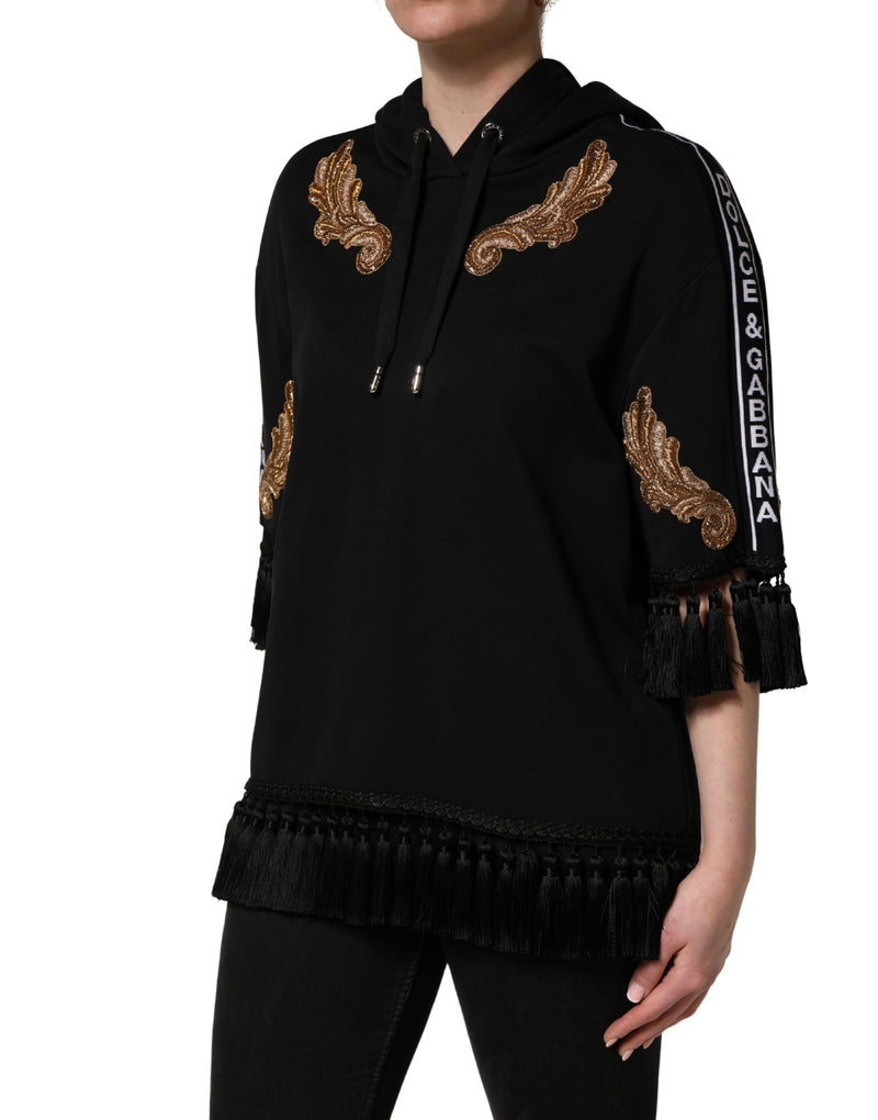 Dolce & Gabbana Black Embroidered Tassel Hooded Sweatshirt