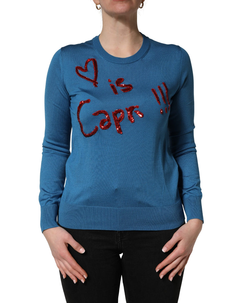 Dolce & Gabbana Blue Silk Sequined Crew Neck Pullover Sweater