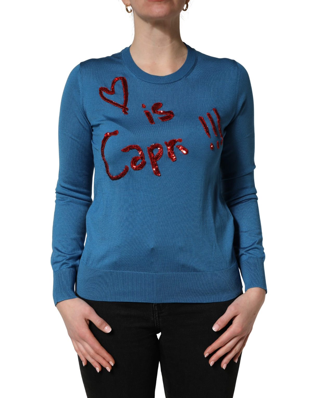 Dolce & Gabbana Blue Silk Sequined Crew Neck Pullover Sweater