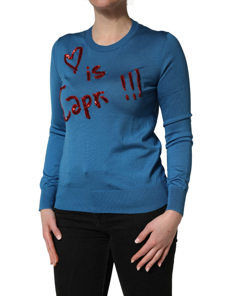 Dolce & Gabbana Blue Silk Sequined Crew Neck Pullover Sweater