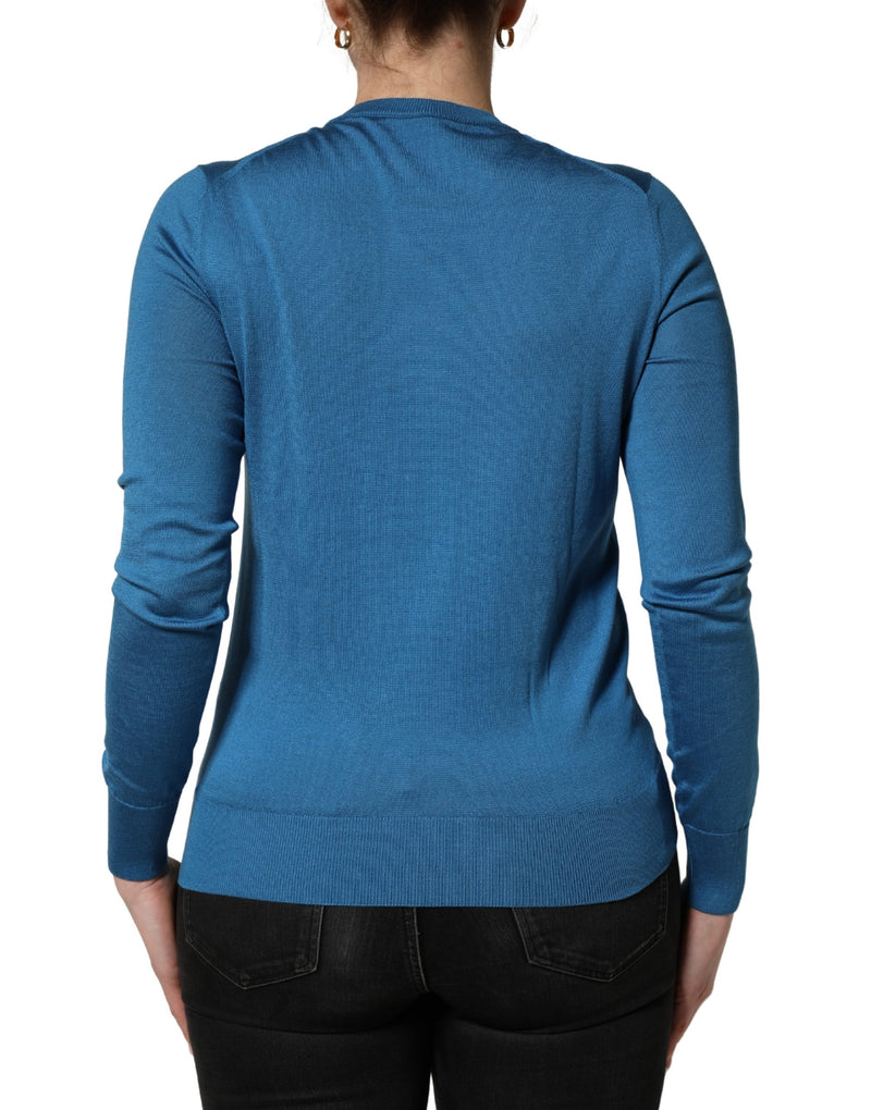 Dolce & Gabbana Blue Silk Sequined Crew Neck Pullover Sweater