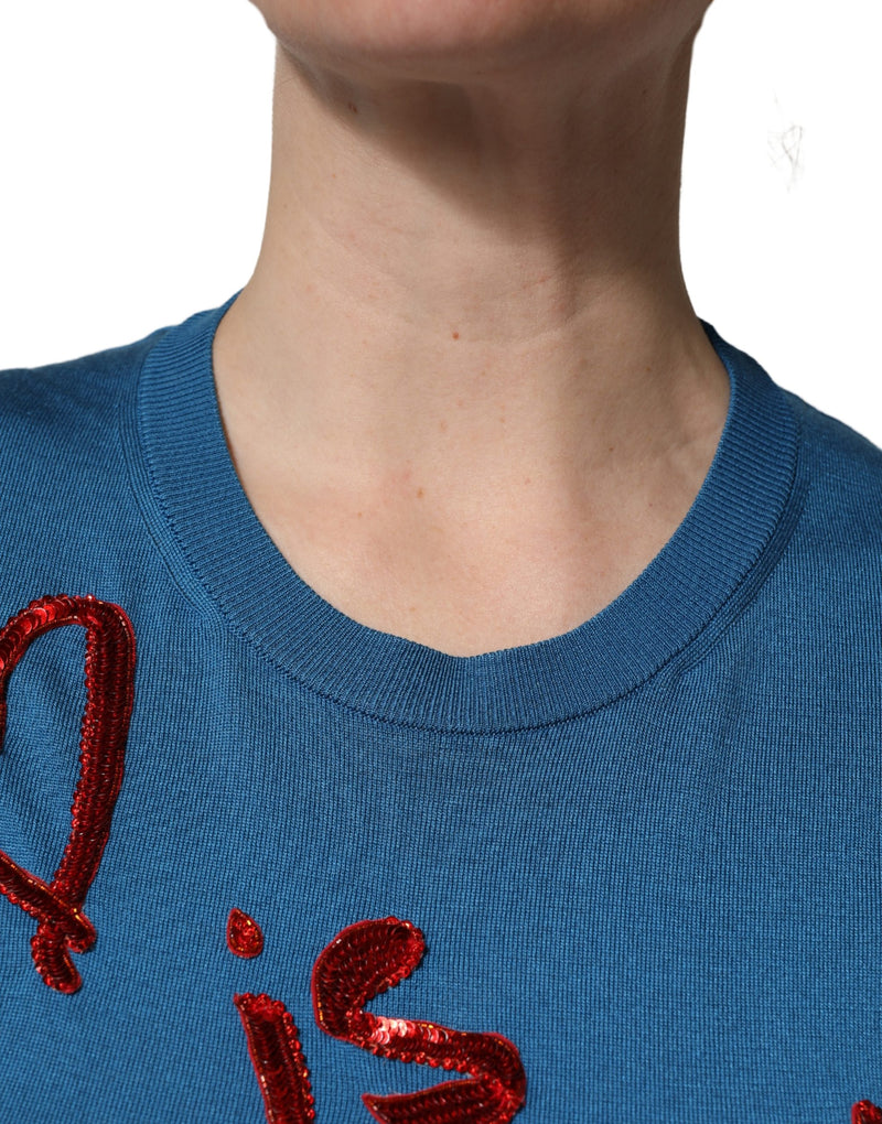Dolce & Gabbana Blue Silk Sequined Crew Neck Pullover Sweater