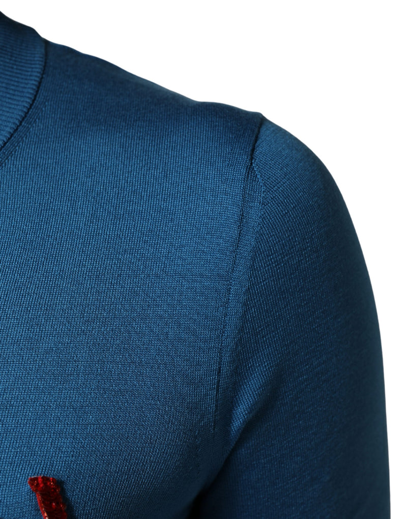Dolce & Gabbana Blue Silk Sequined Crew Neck Pullover Sweater