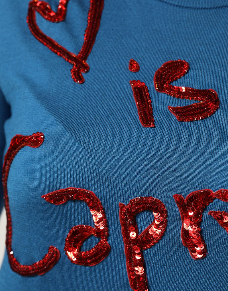 Dolce & Gabbana Blue Silk Sequined Crew Neck Pullover Sweater