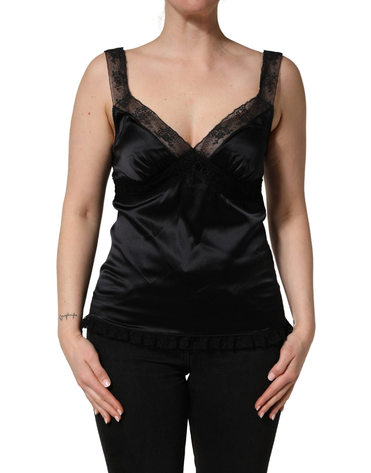 Dolce & Gabbana Black Silk Lace Trim Camisole V-neck Tank Top