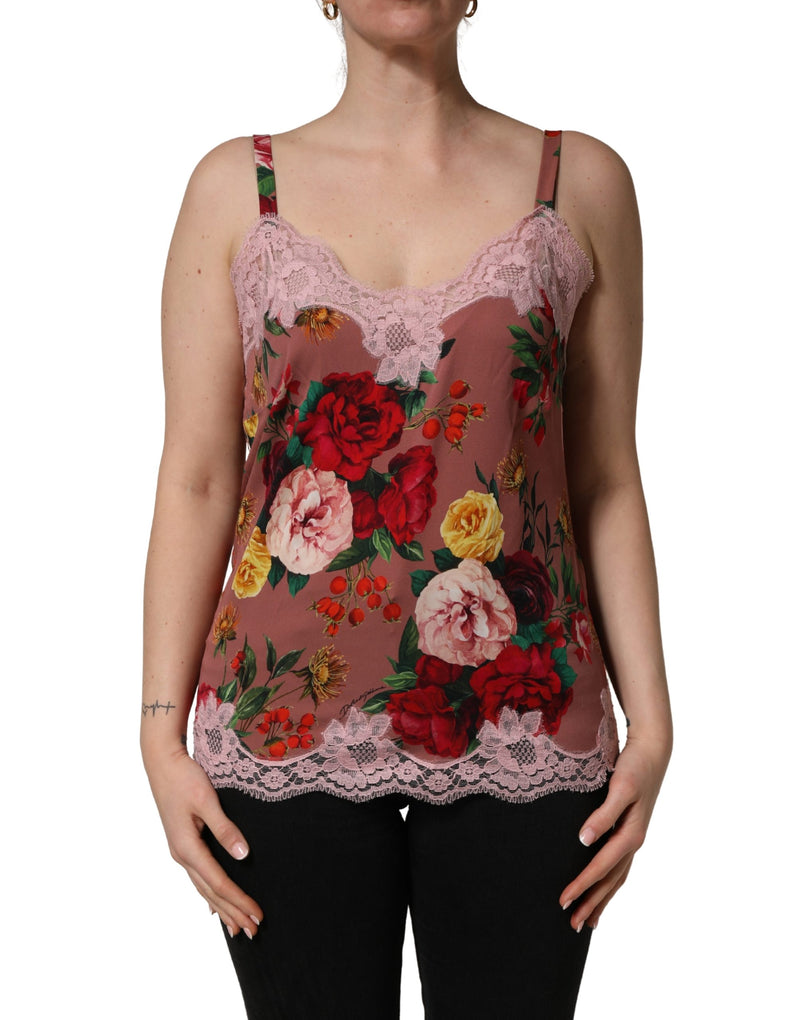 Dolce & Gabbana Brown Rose Print Satin Lace Camisole Tank Top