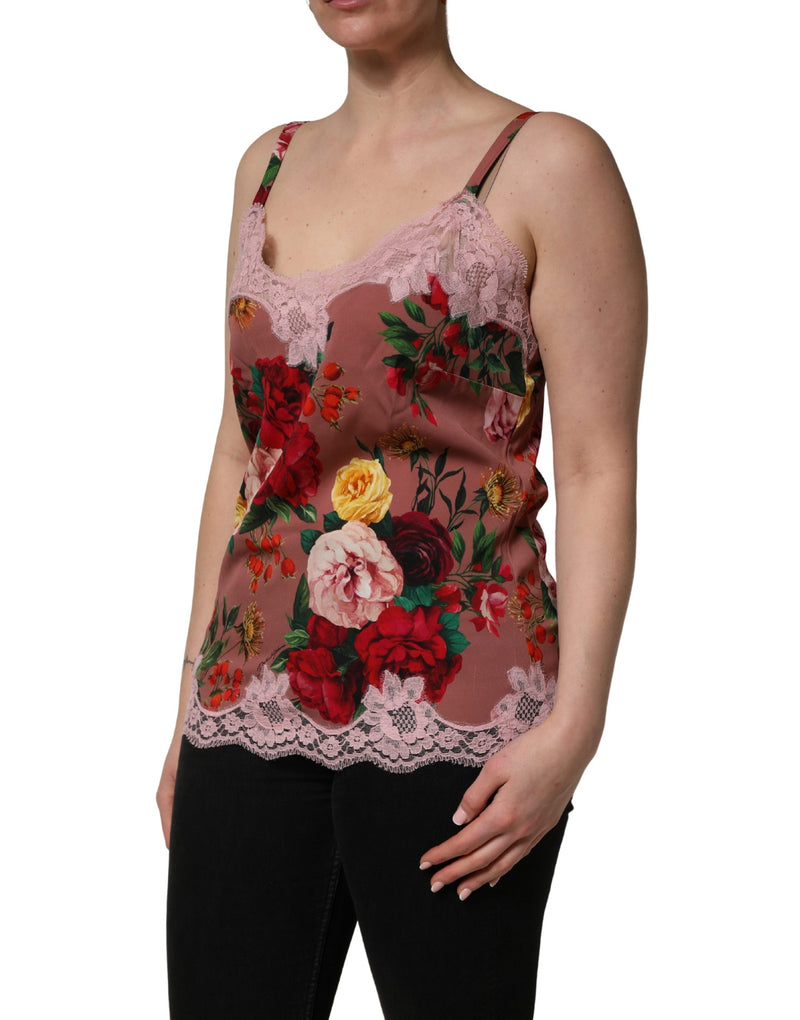 Dolce & Gabbana Brown Rose Print Satin Lace Camisole Tank Top