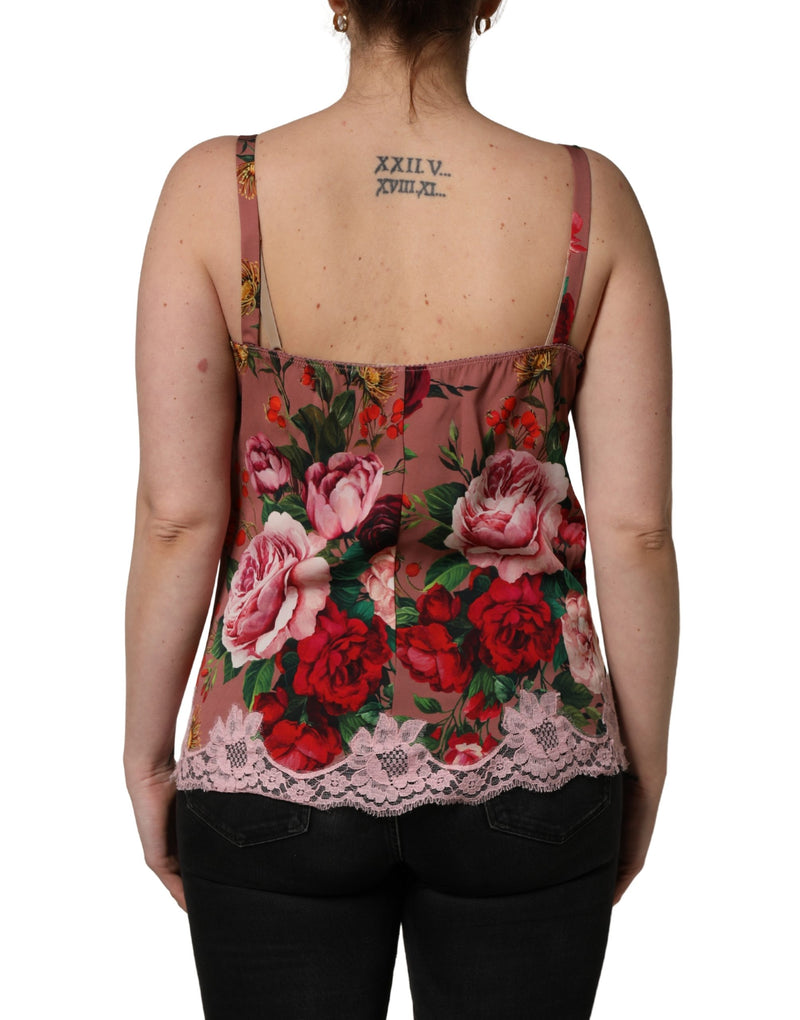 Dolce & Gabbana Brown Rose Print Satin Lace Camisole Tank Top
