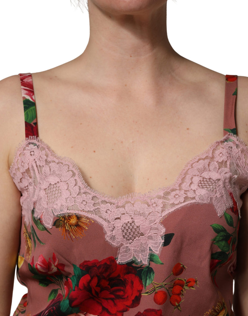 Dolce & Gabbana Brown Rose Print Satin Lace Camisole Tank Top