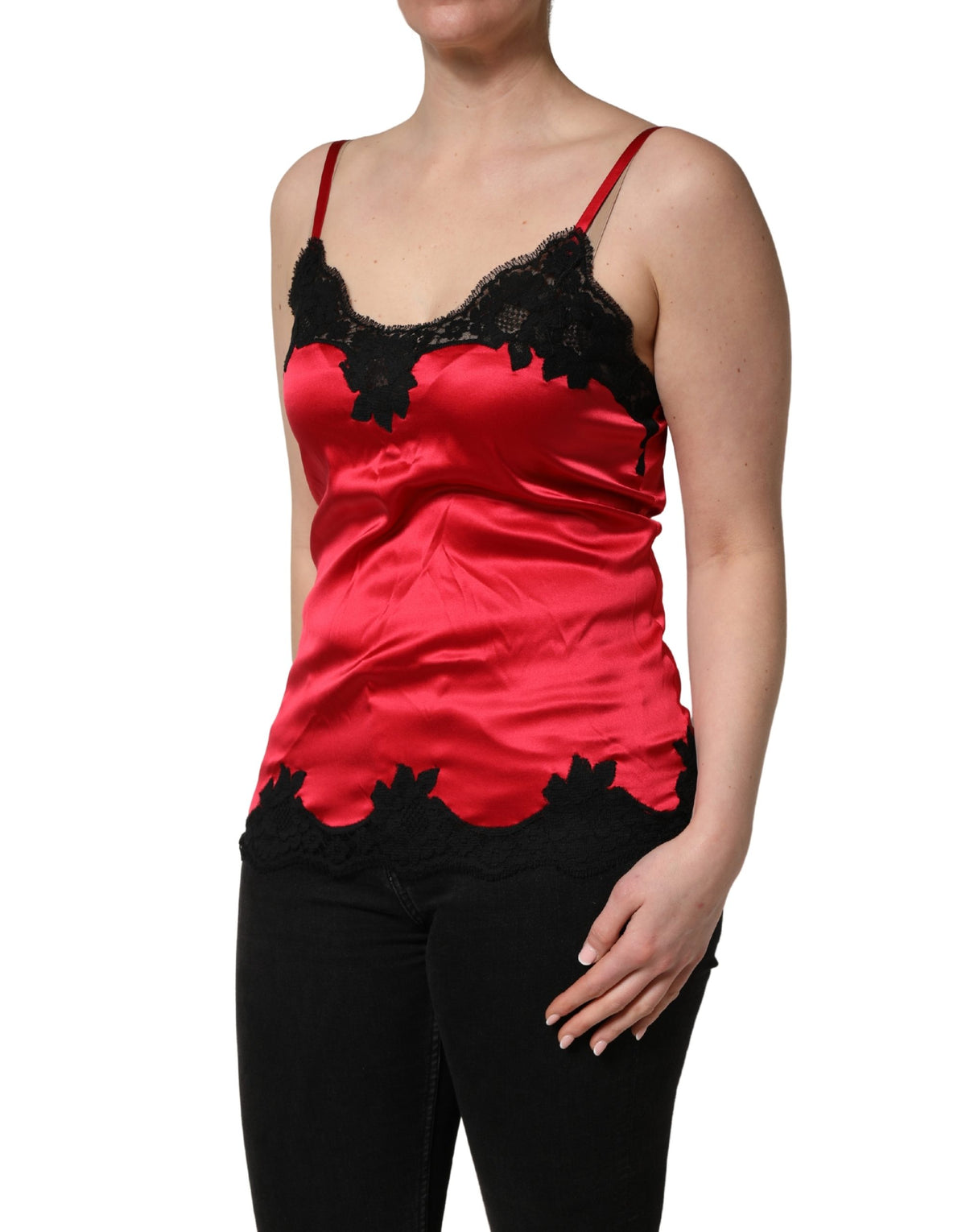 Dolce & Gabbana Red Silk Lace Trim Camisole - Sleeveless Top