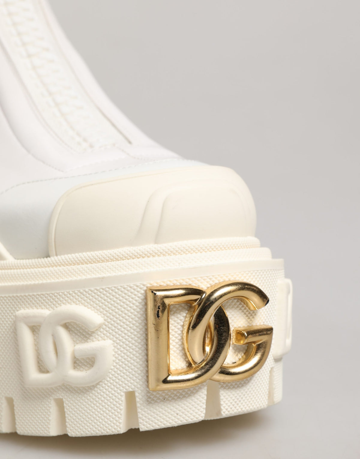 Dolce & Gabbana White Leather Rubber Logo Ankle Boots